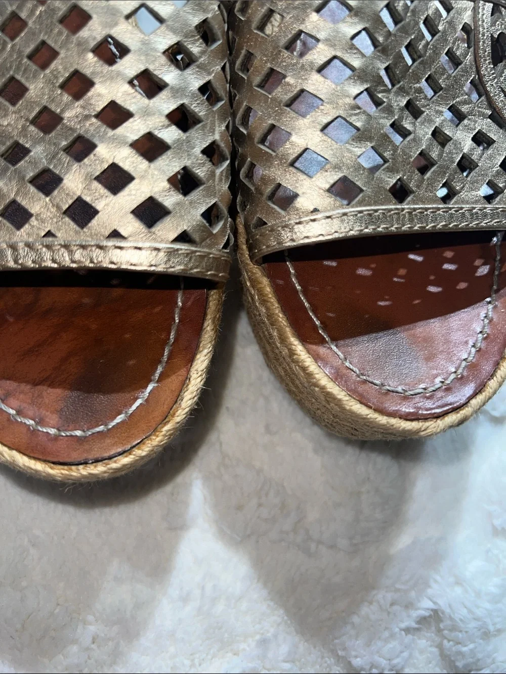 Tory Burch Thatched Perforated Cutout Espadrille Wedge, Gold Metallic Size 8